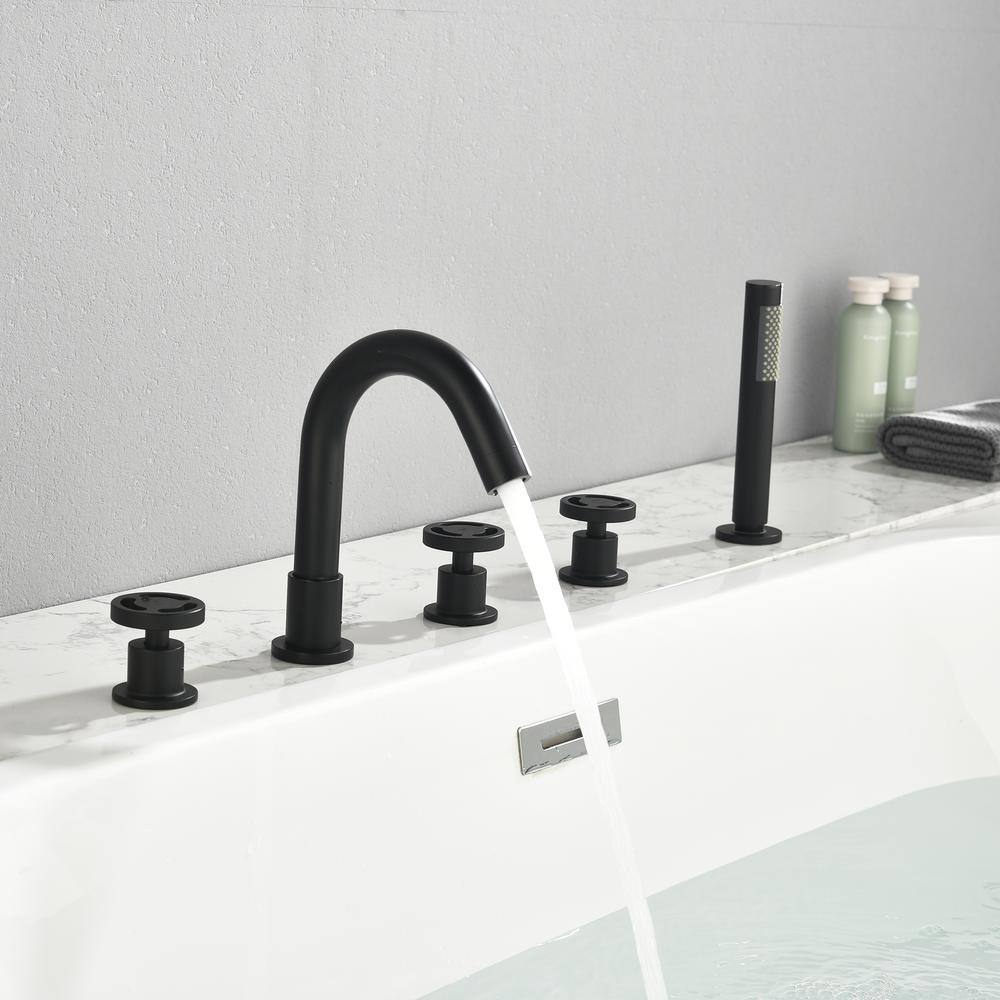 WELLFOR 3-Handle Deck-Mount Roman Tub Faucet with Hand Shower in Matte Black WK0504