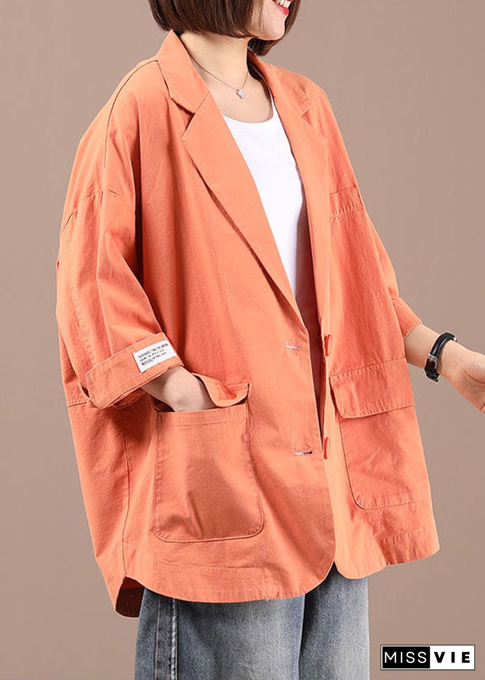 Handmade Orange Loose Button Pockets Fall Coats Long Sleeve