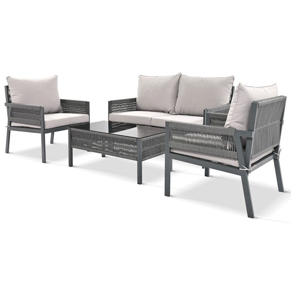 4Piece Rope Patio Furniture Set with Tempered Glass Table