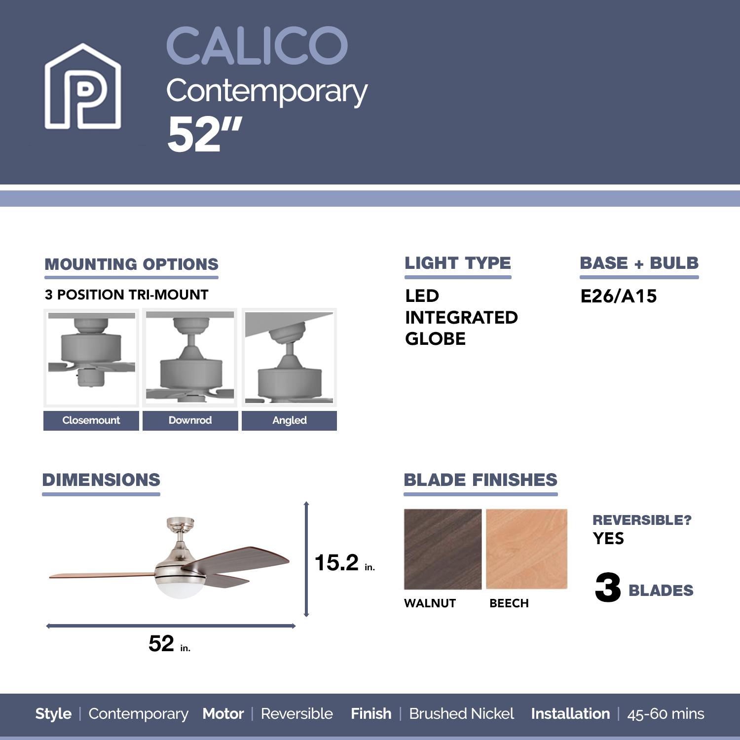 Prominence Home 52 Calico Brushed Nickel， Integrated LED Remote