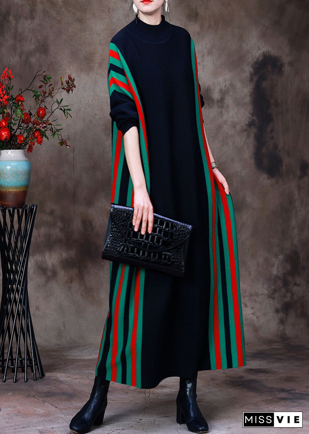 Fitted Black Turtleneck Striped Patchwork Knit Long Sweater Dress Long Sleeve