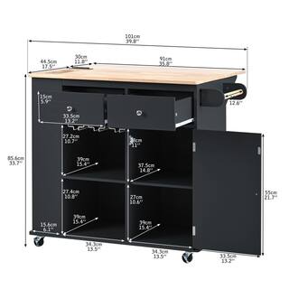 Black Rubber Wood 39.8 in. Kitchen Island with Adjustable Storage and Side Shelving SKC304642