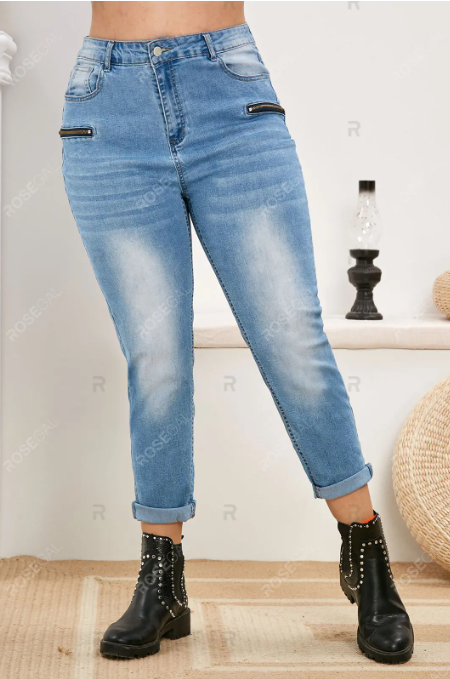 Fashion Plus Size Cowl Neck Plaid Top & Jeans Sets