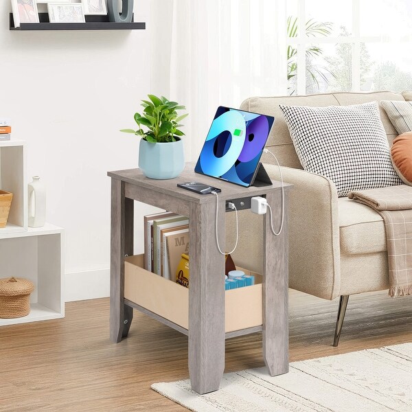 Side Table with LED Light and Charging Station ，USB Ports and Outlets，End Table