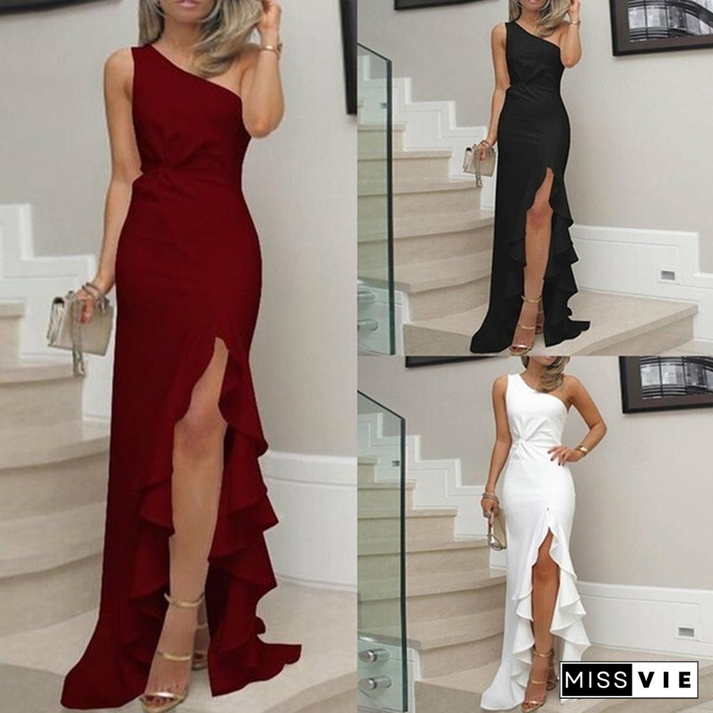 Womens Plus Size One Shoulder Ruched Ruffle Formal Party Prom Long Evening Dress Mermaid Maxi Dress