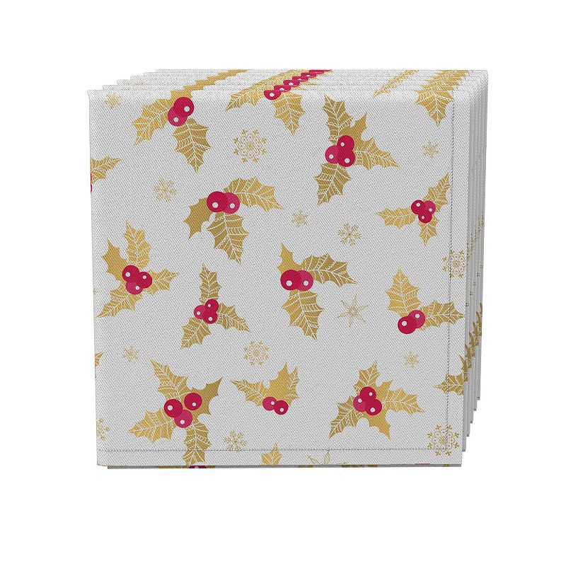 Napkin Set of 4， 100% Cotton， 20x20， Golden Holly Berry Leaves