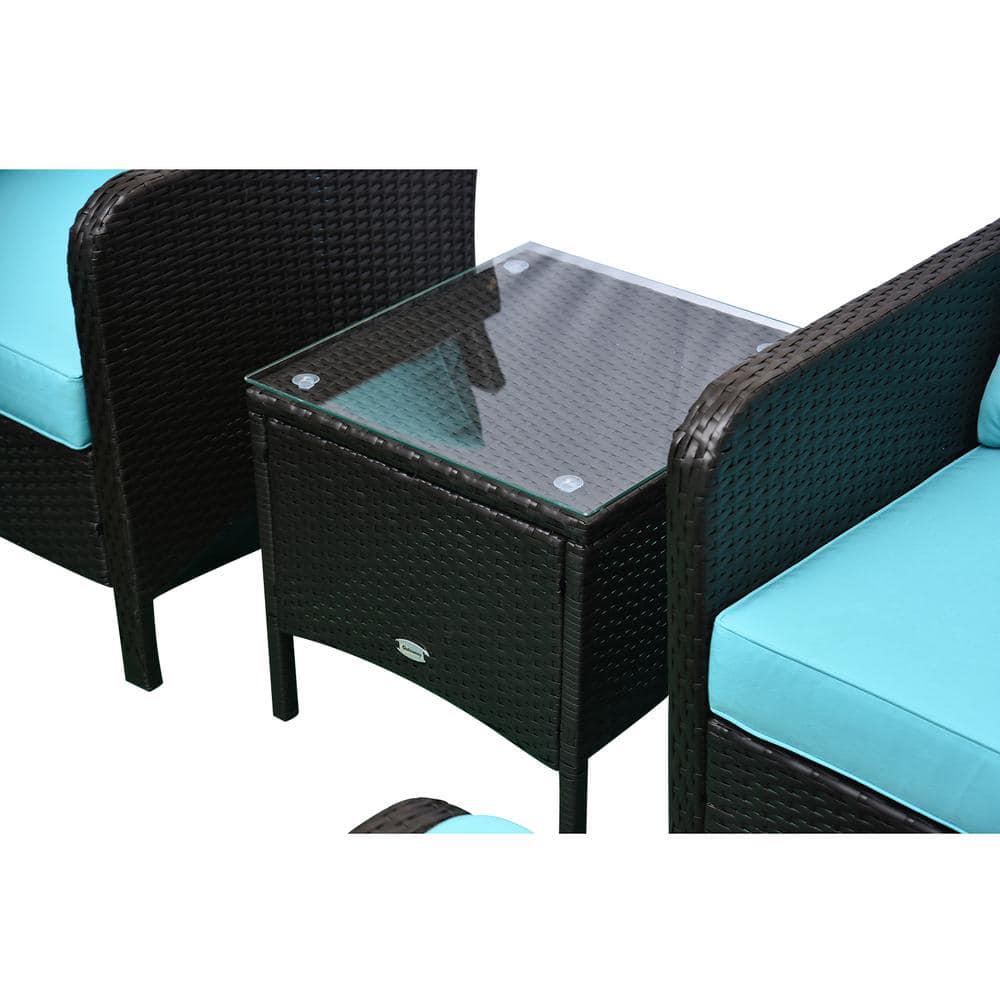 Outsunny 5Piece Metal Frame Plastic Rattan Patio Conversation Set with Blue Cushions 2 Chairs 2 Ottomans and Table