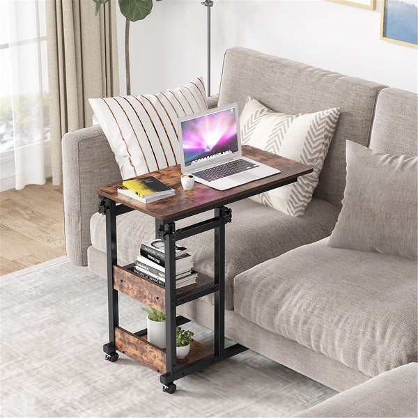 Height Adjustable C Table， Sofa Side Tables， Mobile End Table with Storage Shelves