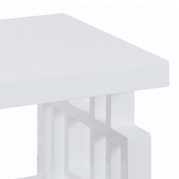 Contemporary Wooden End Table With Designer Sides and Shelf， Glossy White