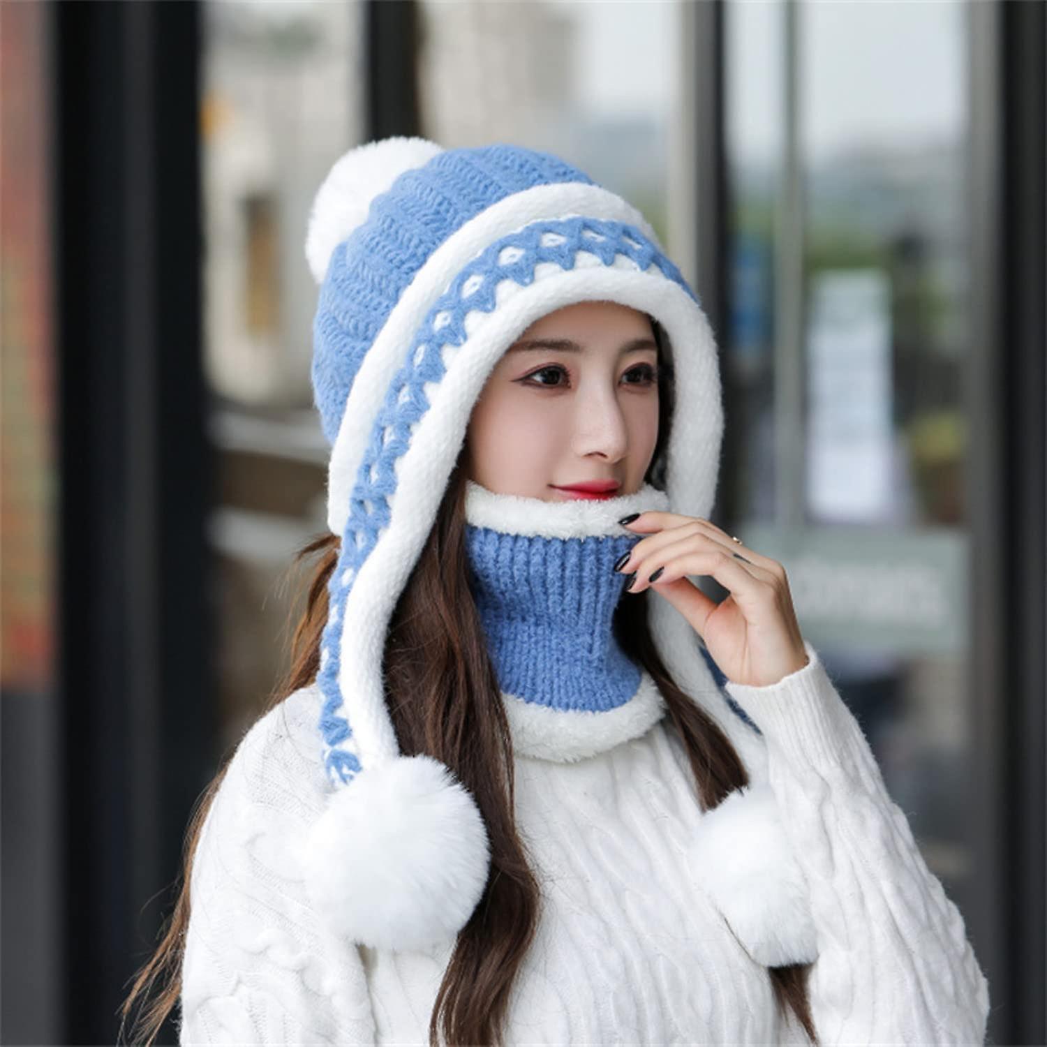 Women Winter Beanie Hat Peruvian Circle Scarf Set Ski Ear Flaps Caps Dual Layered Fleece Lined Pompoms Z15022-blue -