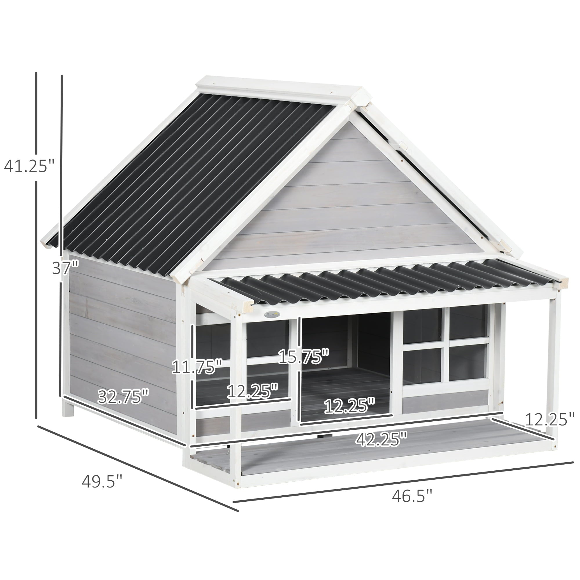 PawHut Wooden Dog House Outdoor with Porch， Cabin Style Raised Dog Shelter with PVC Roof， Front Door， Windows， for Large Medium Sized Dog