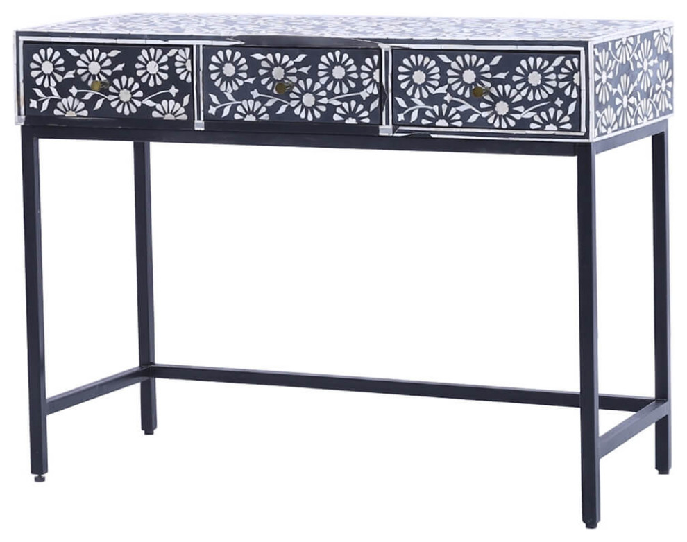 Solid Wood Floral Inlay 3 Drawer Console Table   Asian   Console Tables   by Sierra Living Concepts Inc  Houzz