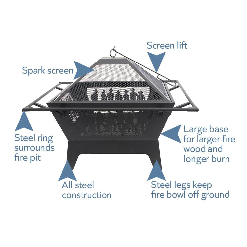 BLUE SKY OUTDOOR LIVING 31.5 in. Square Steel Wood Fire Pit with Screen And Screen Lift - Decorative Cowboy Design WBFP31SQ-GF