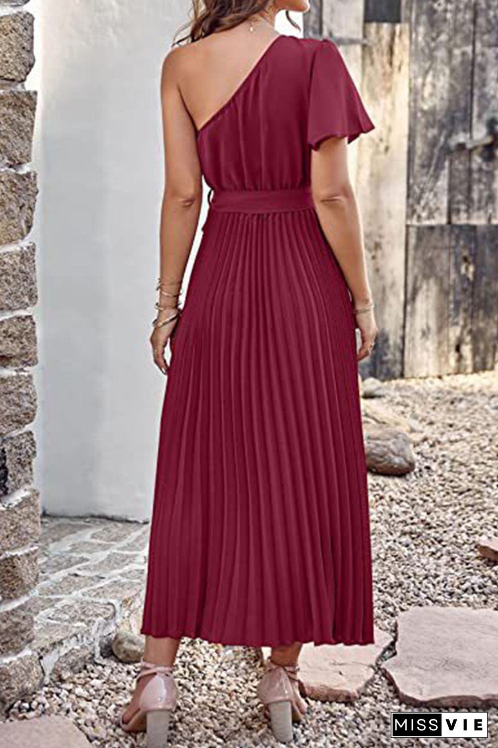 One SHoulder Short Sleeve Smock Maxi Dress