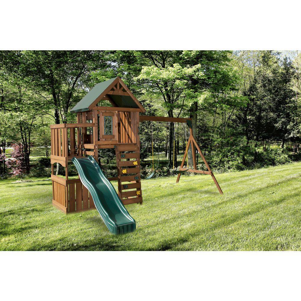 Swing-N-Slide Playsets Elkhorn Ready-To-Assemble Outdoor Wooden Playset with Slide Rock Wall Swings and Backyard Swing Set Accessories WS 8357