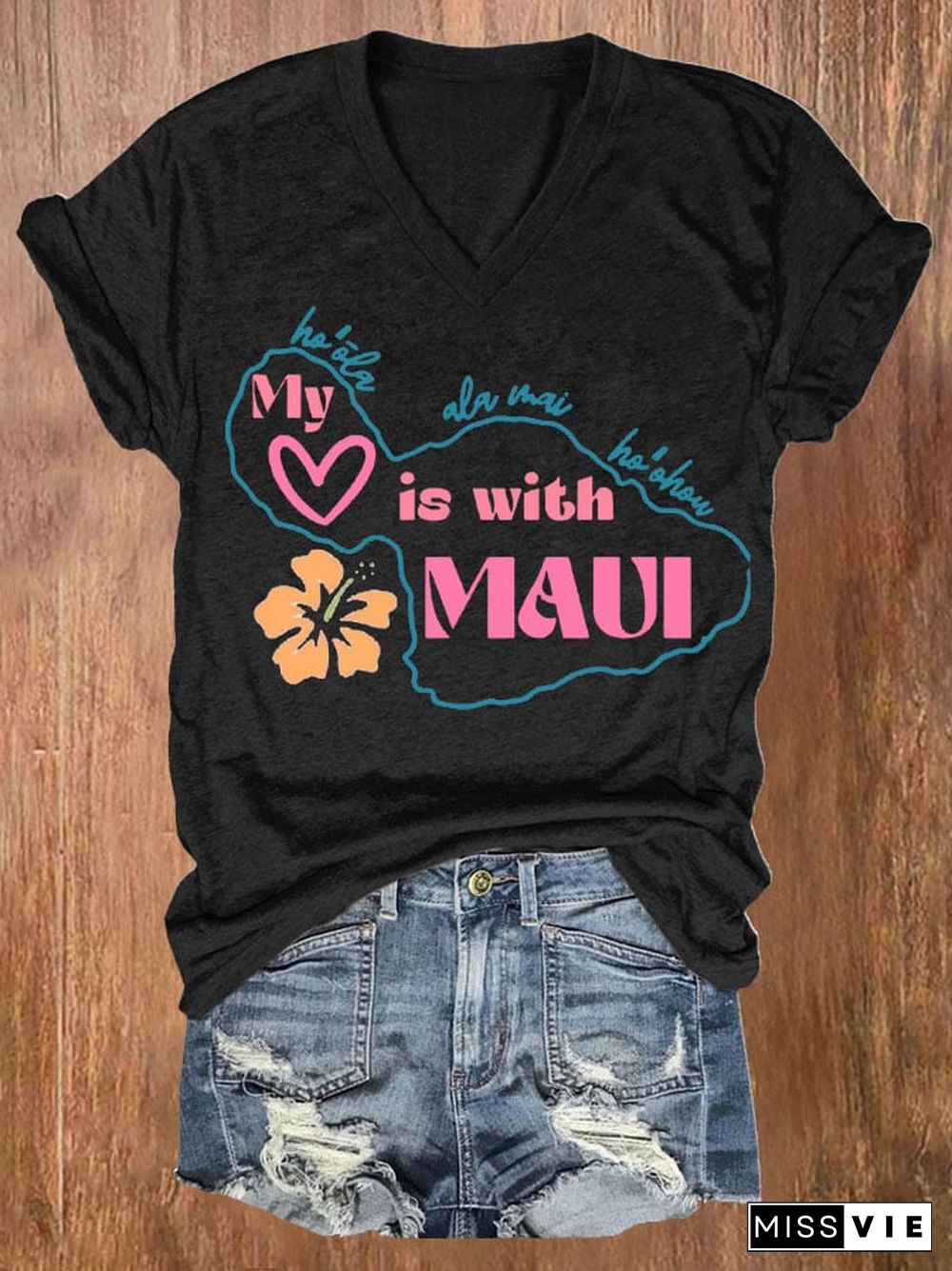 Women's Maui Strong My Heart Is With Maui Print Short Sleeve T-Shirt