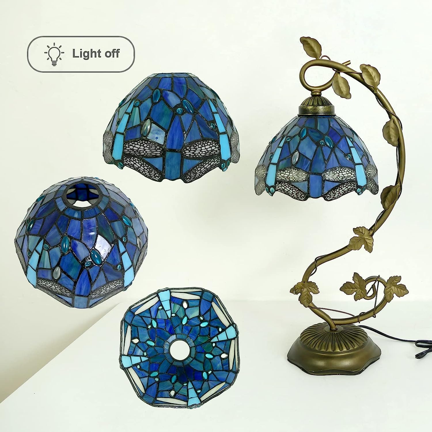 SHADY Tiffany Style Table Lamp 8x10x21 Inch Sea Blue Dragonfly Handmade Stained Glass Desk Lamp with Metal Leaf Iron Decor Vintage Curved Reading Light for Bedside  Living Room  Office (L