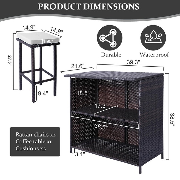 3 Piece Patio Bar Set，Outdoor Bar Table and Chairs Set for 2，Tiki Wicker Bar Table Set with Stools and Removable Cushions