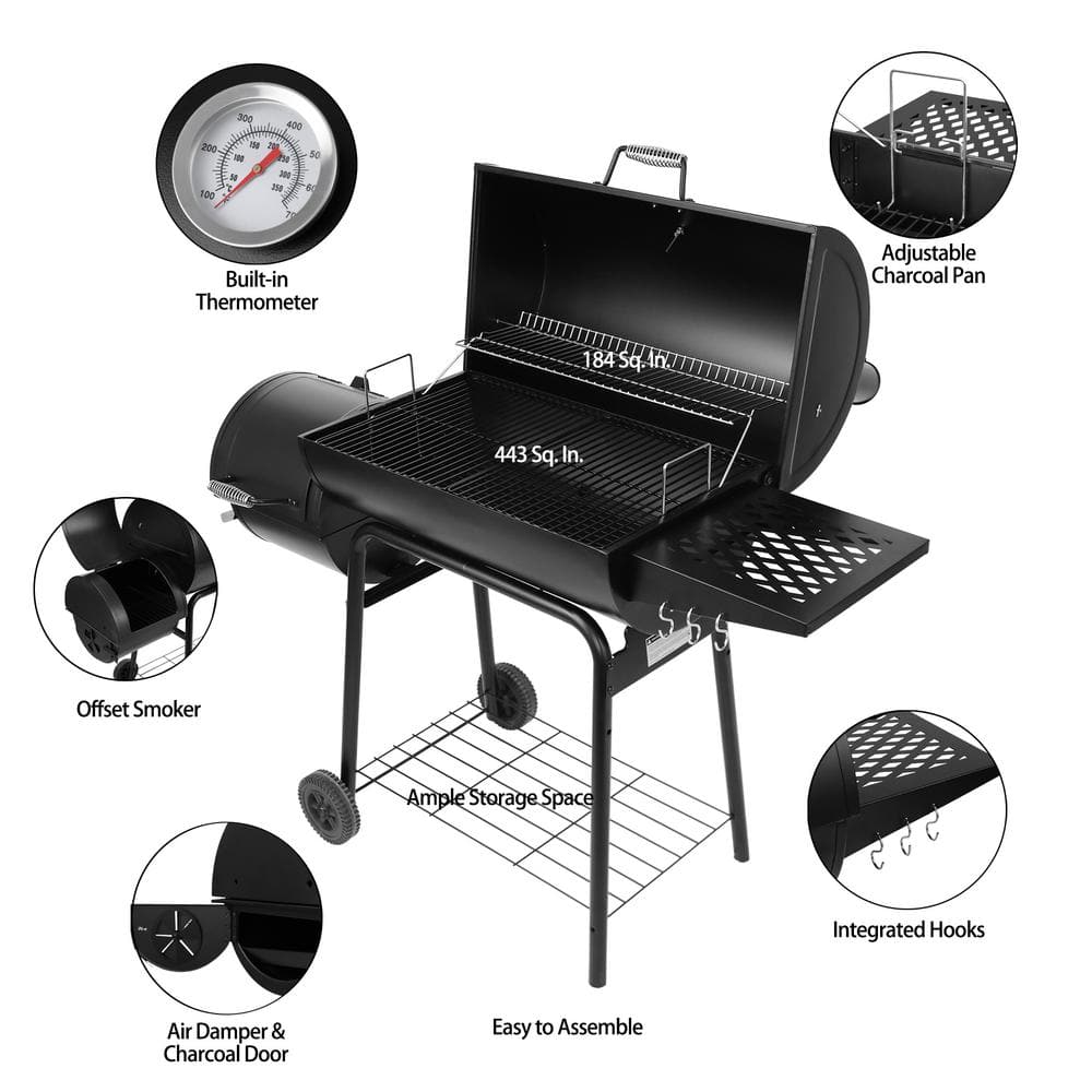 Royal Gourmet 30 in. Smoker Black Barrel Charcoal Grill with Offset Smoker with Cover For Outdoor, Backyard Cooking CC1830RC