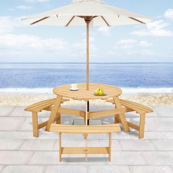 6 Person Outdoor Picnic Table with Bench，Round Pinic Table w/ 3 Bulitin Benches and Umbrella Hole，Outside Table and Bench Set