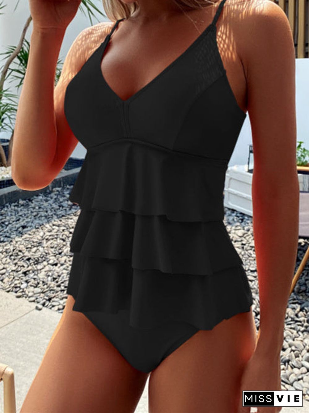 Solid Ruffles Tankini Set