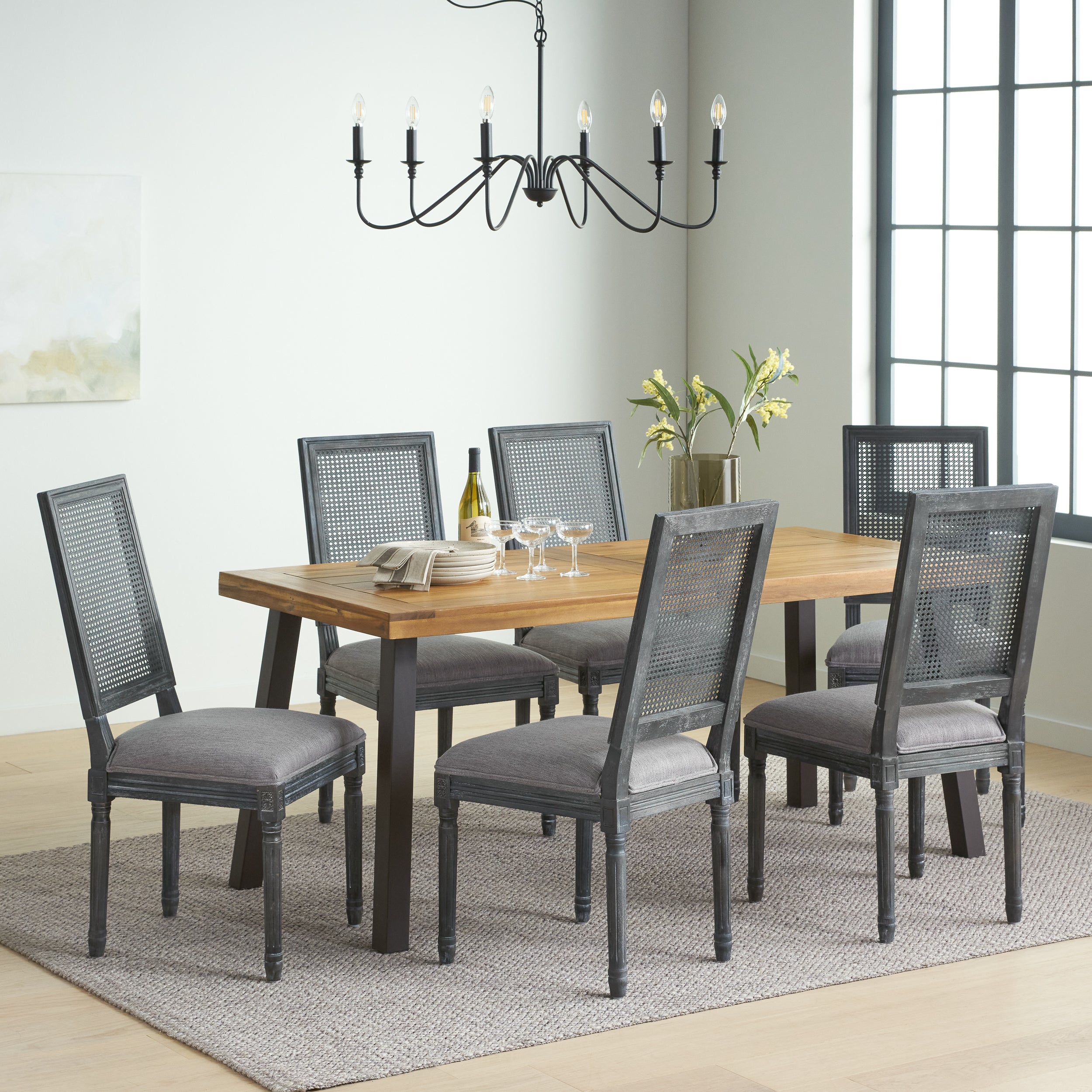 Whitten Farmhouse Fabric Upholstered Wood and Cane 7 Piece Dining Set