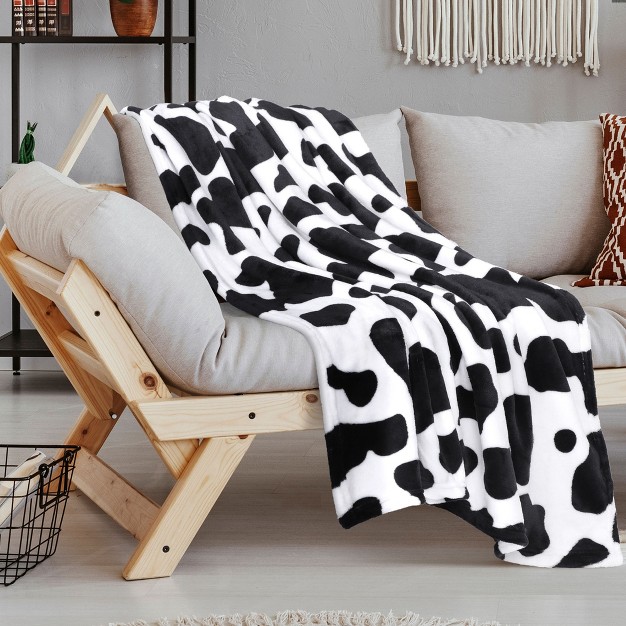 Piccocasa 300gsm Cow Printed Fleece Flannel Throw Blanket Black And White 1 Pc