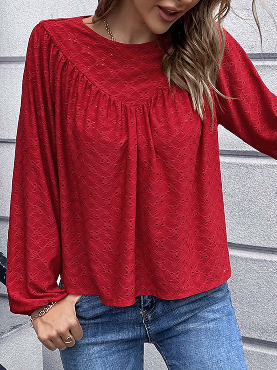 Round Neck Casual Loose Hollow Embroidered Long Sleeve Blouse