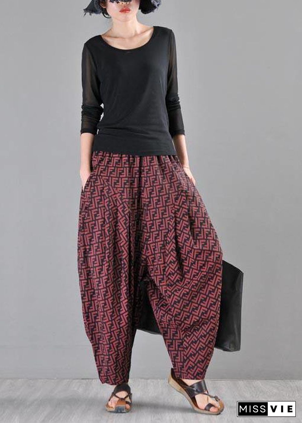 Stylish Red Print Linen Casual Harem  Pants Summer