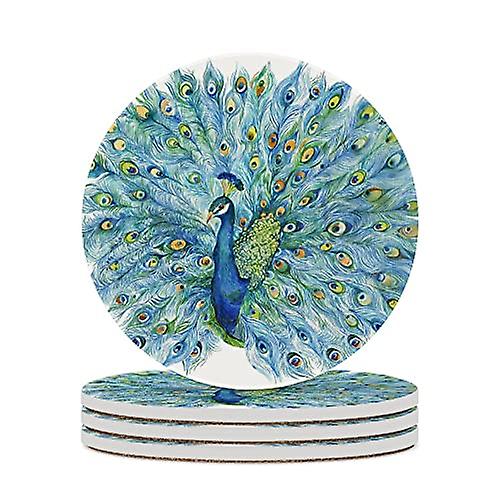 Colourlife Round Drink Coasters 2 Pcs Peacock With An Open Tail Absorbent Ceramic Coffee Coasters For Drinks With Cork Base Housewarming Gift For Home