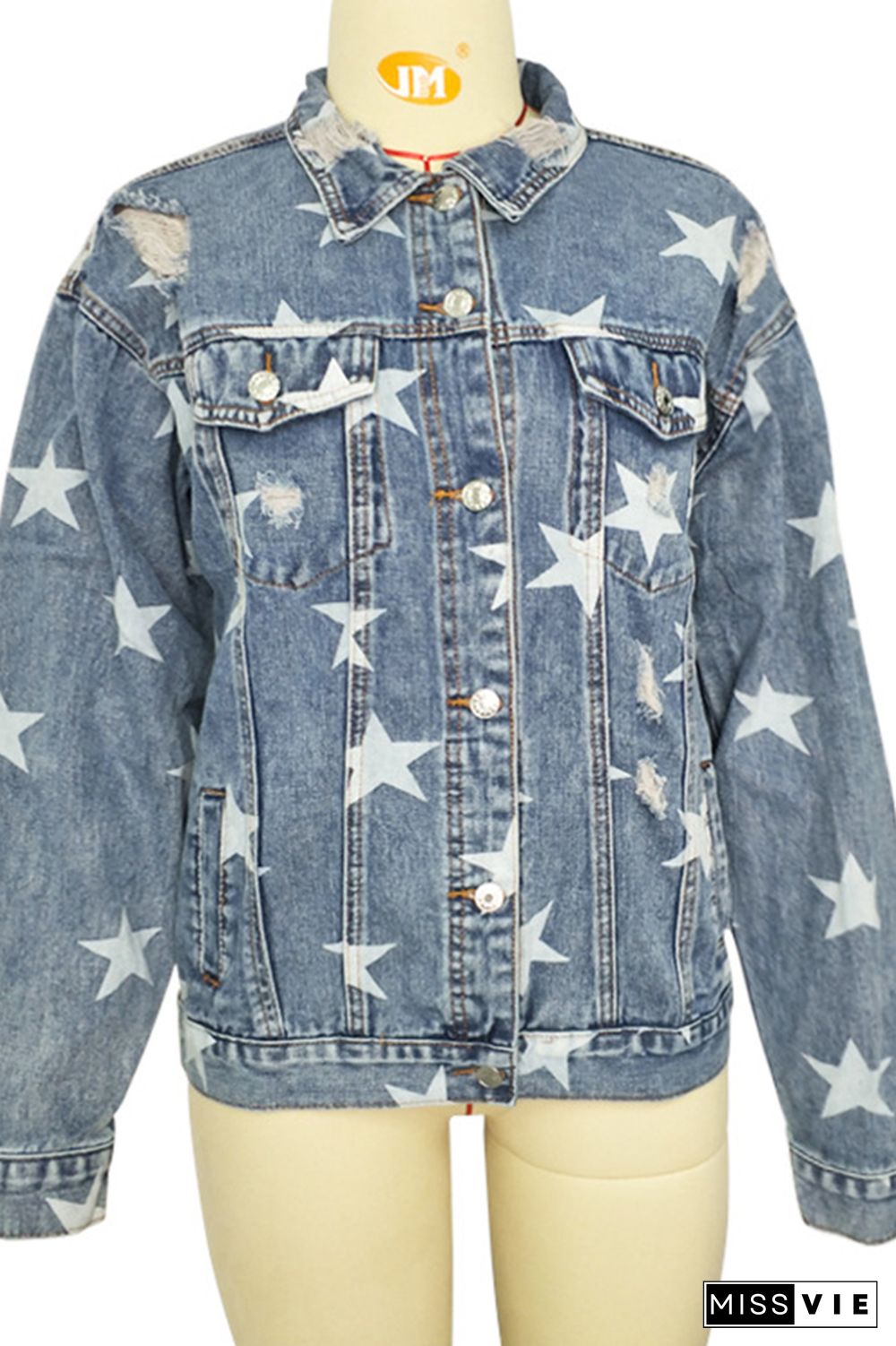 Stars Print Buttons Front Ripped Denim Jacket Women Wholesale