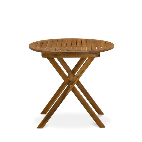 East West Furniture Folding Table Set Contains a Round Outdoor Wood Coffee Table and 2 Folding Side Chairs，Natural Oil