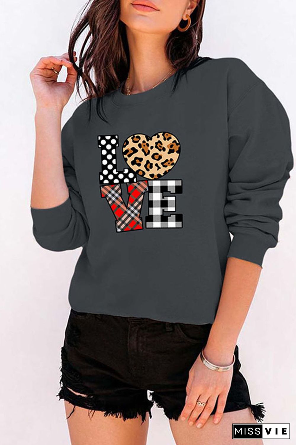 Leopard Plaid Love Heart,Valentine's Day Classic Crew Sweatshirt Wholesale