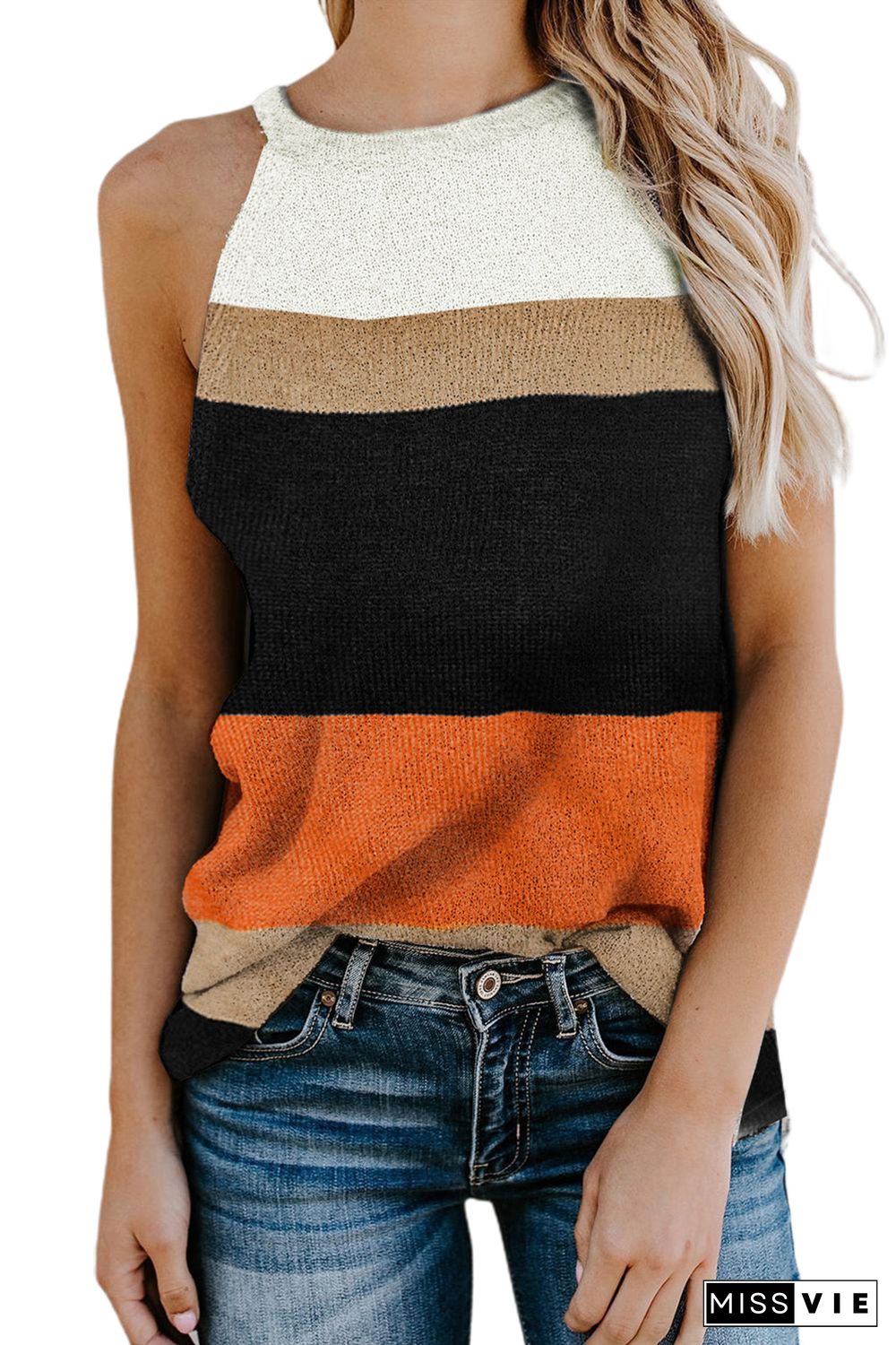 Orange Color Block Knitted Tank Top