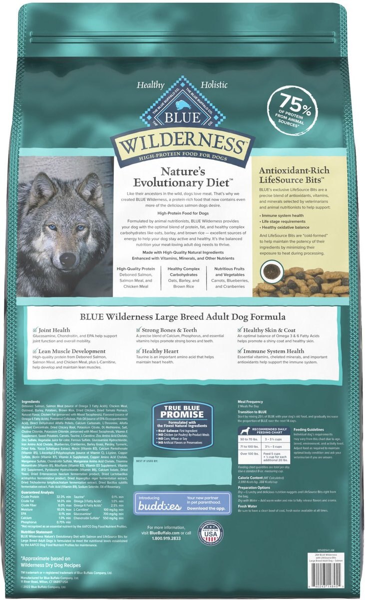 Blue Buffalo Wilderness Large Breed Adult Salmon Dry Dog Food， 28-lb bag