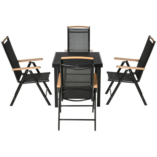 Outsunny 5 Piece Outdoor Furniture Patio Dining Set For 4 Square Outdoor Dining Table Adjustable Reclining Folding Chairs Black