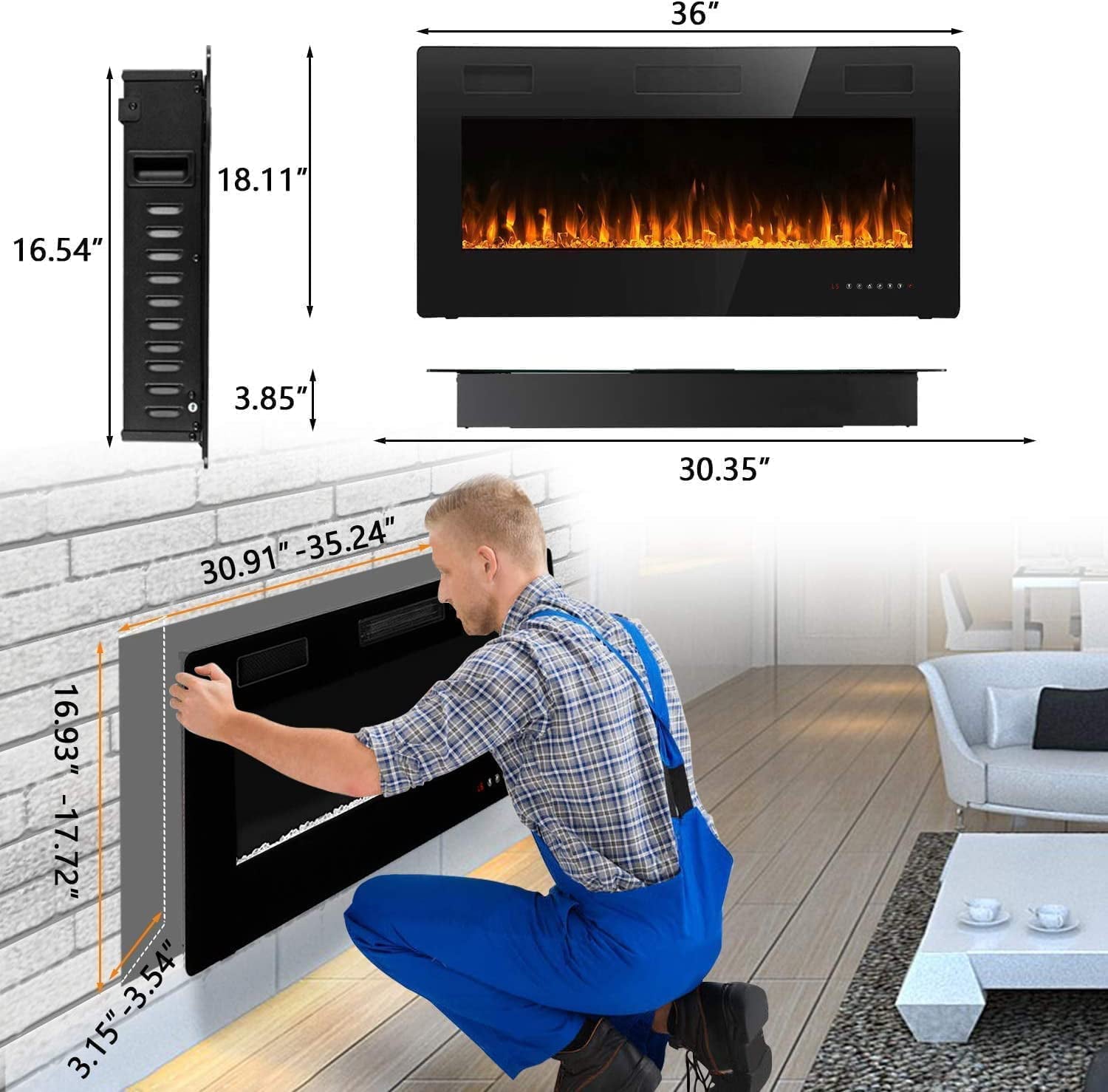 BOSSIN 36 inch Electric Fireplace, Recessed Wall Mounted Electric Fireplace inserts,Ultra Thin Adjustable Flame Colors & Speed Fireplace with Touch Screen and Remote Control