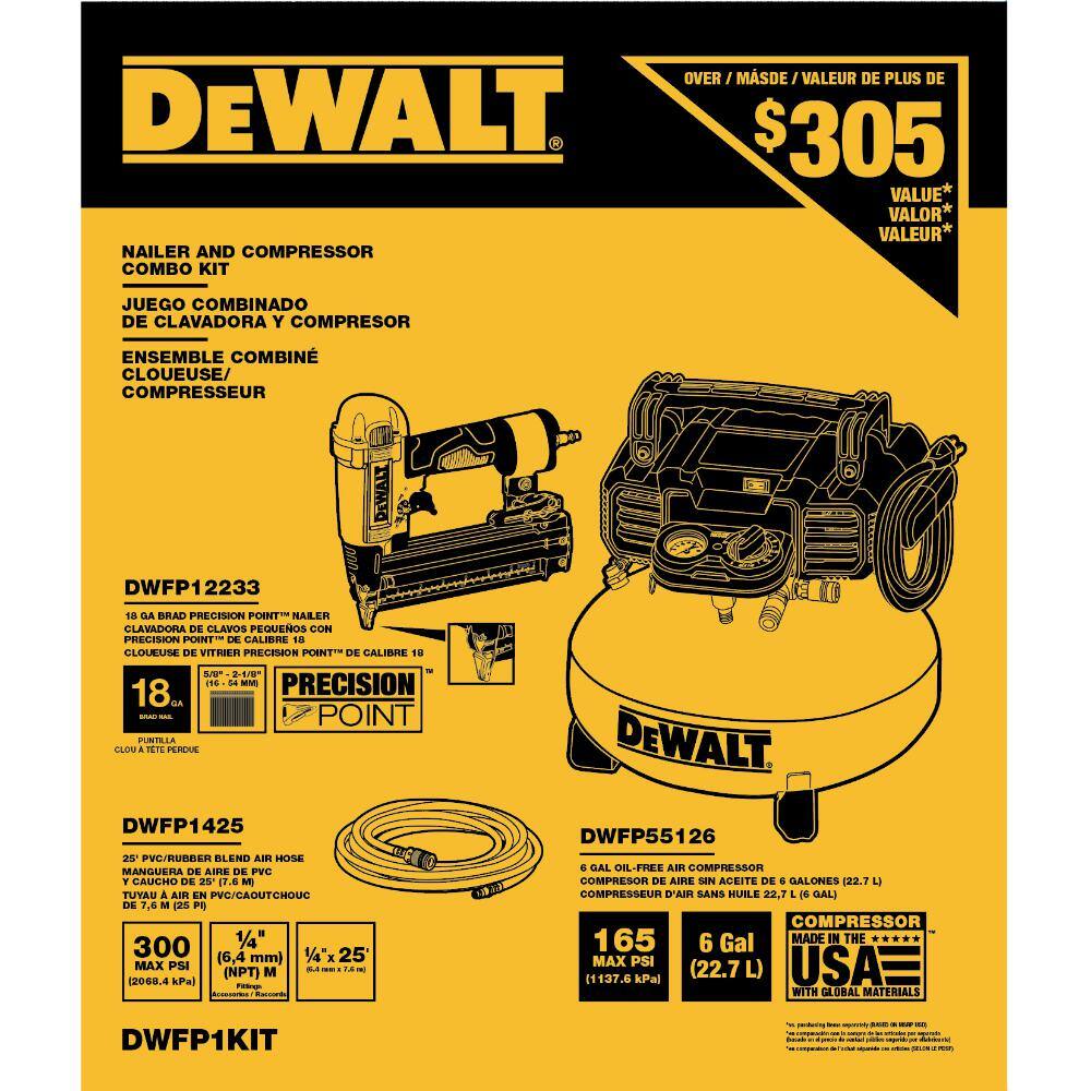 DW 6 Gal. 165 PSI Heavy-Duty Electric Pancake Air Compressor 18GA Brad Nailer and Mechanics Tool Set (108-Piece) DWFP1KITW73801