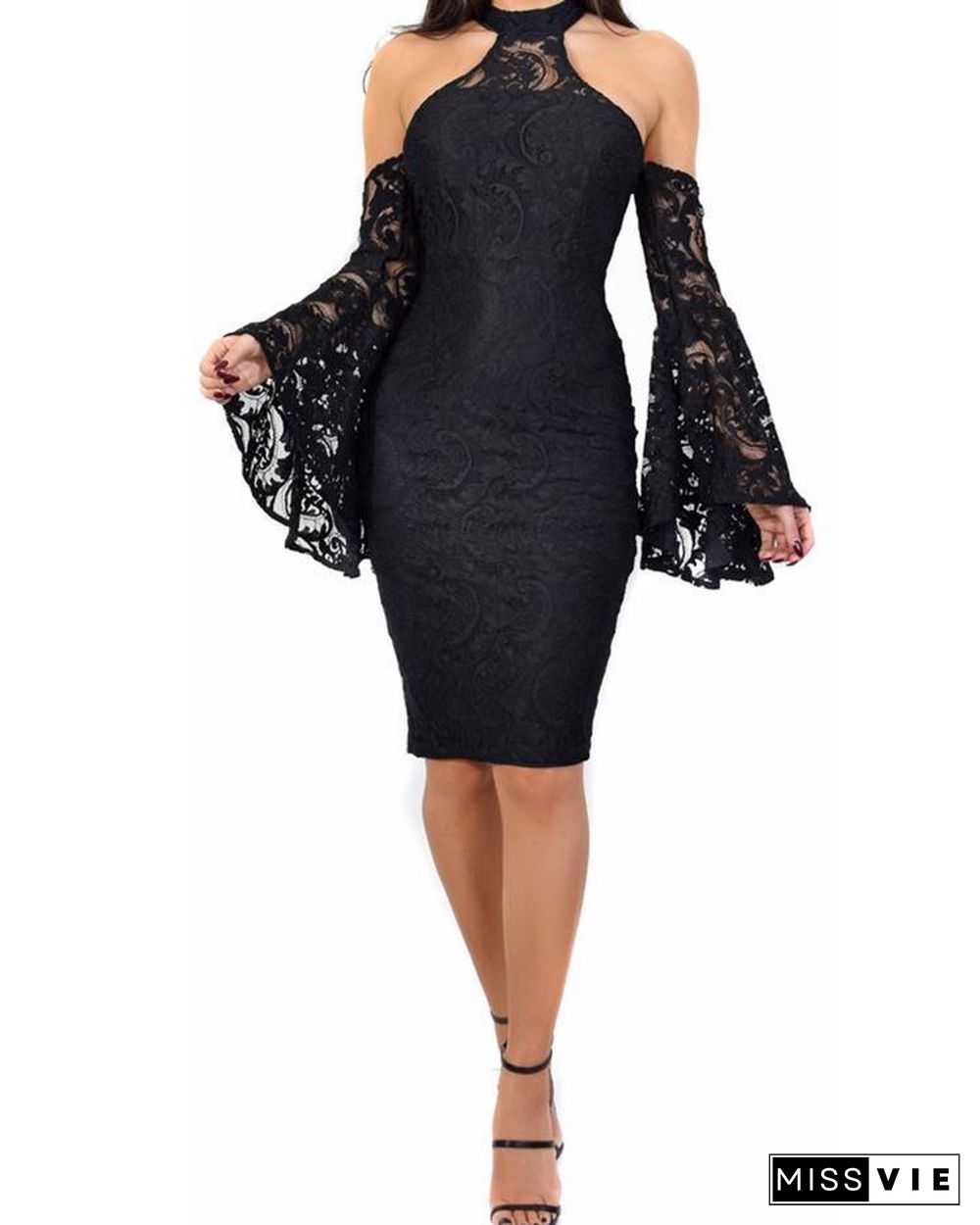 Cold Shoulder Bell Sleeve Lace Bodycon Dress P10869