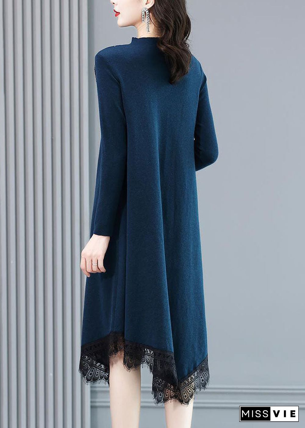 Casual Blue High Neck Lace Patchwork Knit Sweater Dress Long Sleeve