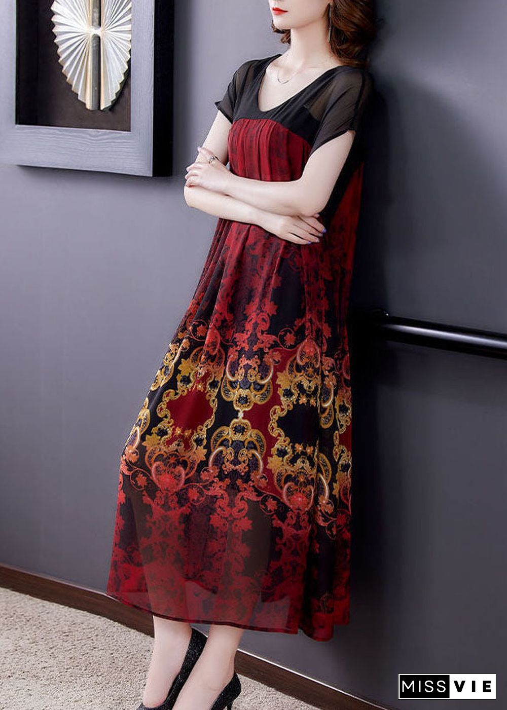 Red Patchwork Chiffon Vacation Dresses Exra Large Hem Print Summer