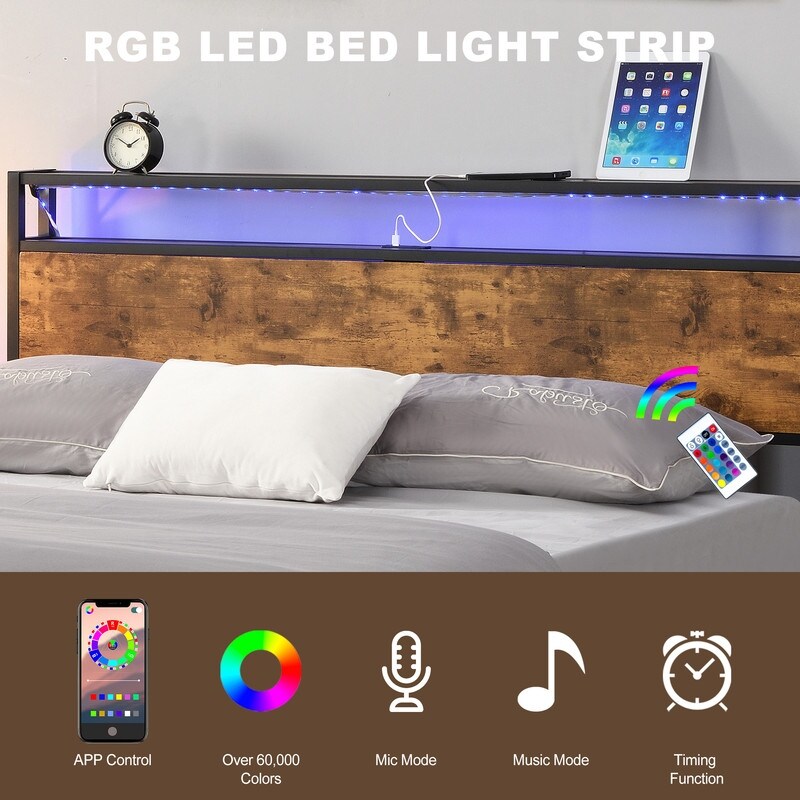 Industrial Queen/ Full Bed Frame with LED Lights and 2 USB Ports Rustic Brown