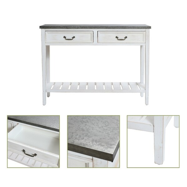 Farmhouse Distressed White Wood and Galvanize Top Console Table - 31.5