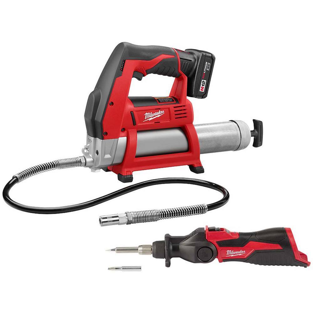 MW M12 12-Volt Lithium-Ion Cordless Grease Gun Kit with One 3.0 Ah Battery Charger and Tool Bag with M12 Soldering Iron 2446-21XC-2488-20