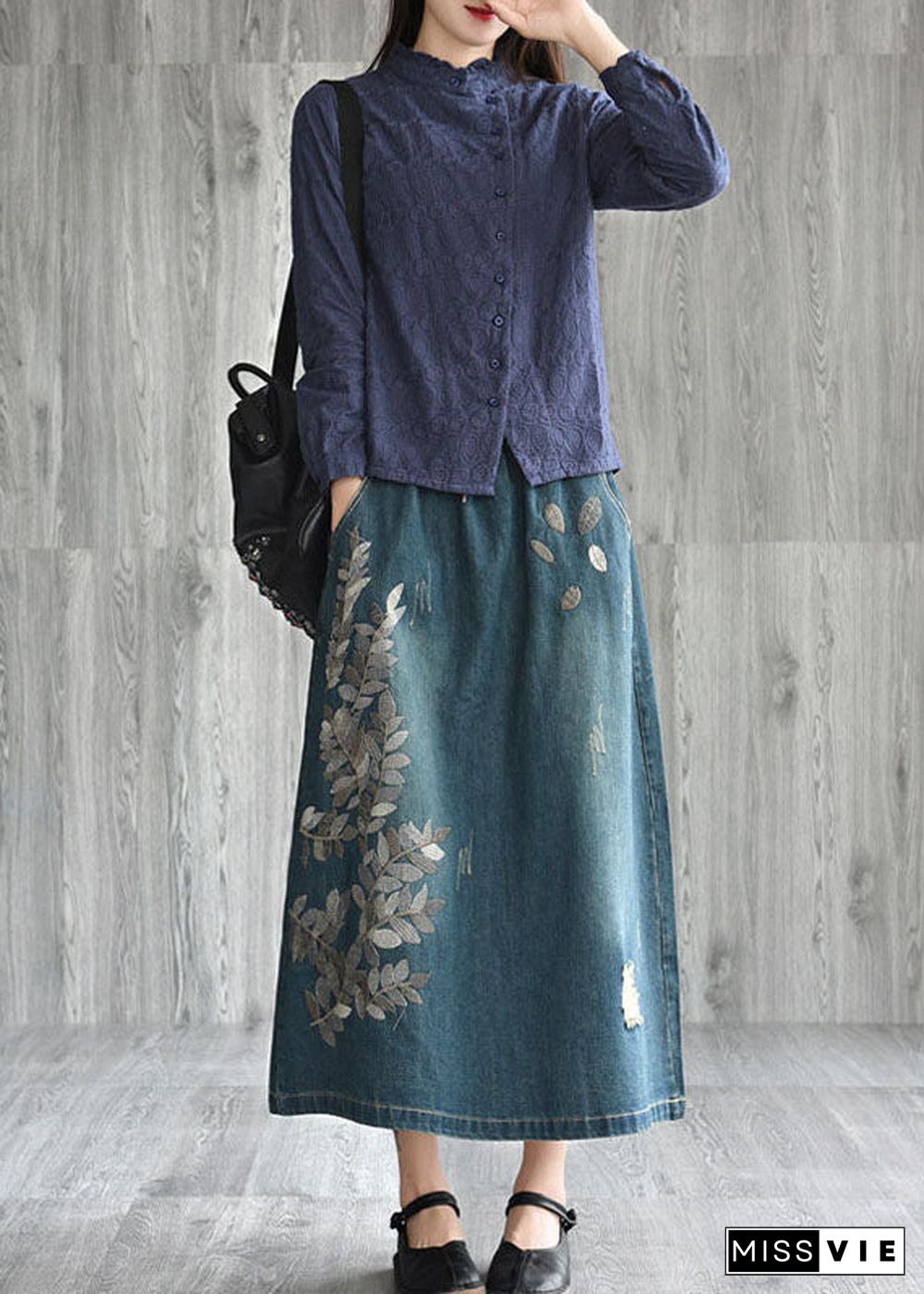 Unique Navy Patchwork Embroideried Denim Skirt Spring