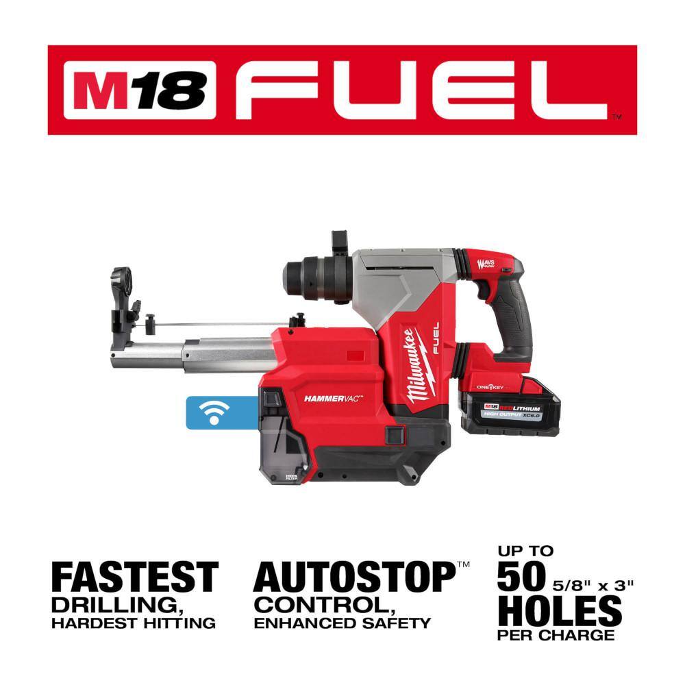 MW M18 FUEL 18V Lithium-Ion Brushless 1-18 in. Cordless SDS-Plus Rotary HammerDust Extractor Kit Two 6.0Ah Batteries 2915-22DE