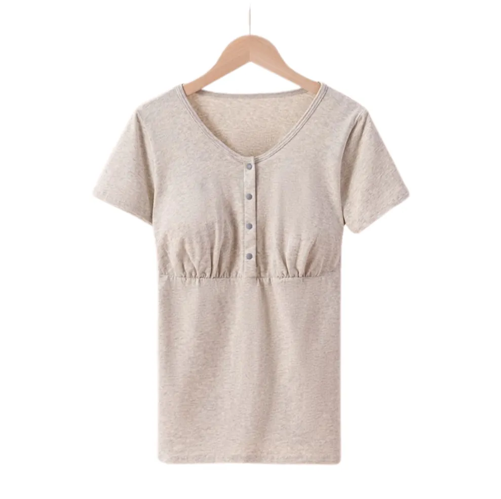 Postpartum Nursing Cotton T-Shirt – Loose Fit, Front-Button Maternity Top for Summer