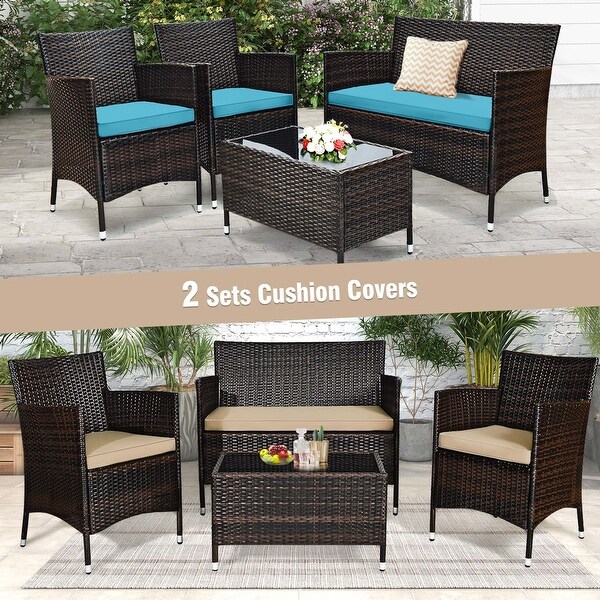 Costway 4PCS Rattan Patio Furniture Set Cushioned Sofa Chair Coffee