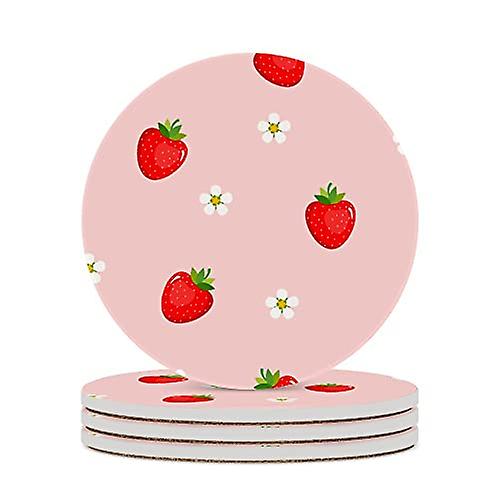 Round Drink Coasters 1 Pcs Strawberry With Flower Absorbent Ceramic Coaster With Cork Base For Coffee Cups Housewarming Gift For Home Decor