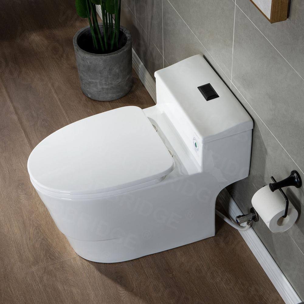 WOODBRIDGE 1-piece 1.28 GPF Conserver High Efficiency Dual Flush All-in-One Toilet with Soft Closed Seat Included in White HB0735